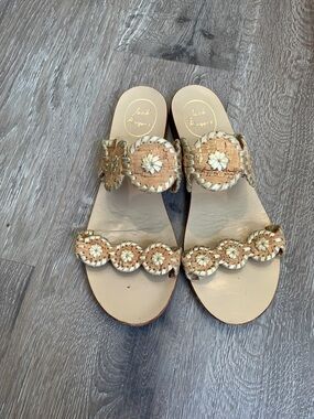 Jack Rogers Tan & Cream Woven Circle Slide Sandals